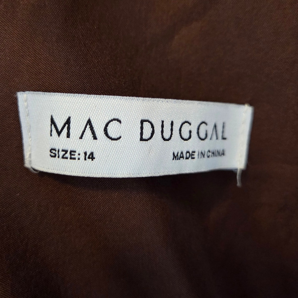 Mac Duggal Formal Tea-Length Dress 14 Cocoa Brown Asymmetric Pleated Ruffle NWT - Picture 7 of 16
